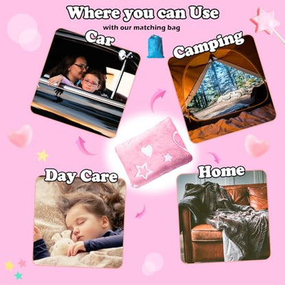 Glow in The Dark Pink Cute Love Throw Blanket with Storage Bag, Soft Throw Blankets, Gifts for Children Ages 1-10, Girls Kids Blanket, Day Care Home Office Travel Use, Pink - color: Pink Love