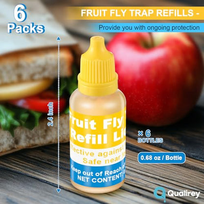 Qualirey 6 Pack Fruit Fly Trap Refill Liquid, 0.68oz Per Bottle,Yellow | Liquid Fruit Fly Traps for Indoors, Non Toxic Bait Safe Near Pets, Food and Kids, Lure Refill for Home Kitchen - color: Yellow