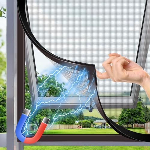 HOFUDON Window Screen Adjustable Magnetic Window Screen Replacement Max 39” x 59”, DIY Fiberglass Mesh Window Screens for House Windows Black Frame Grey Mesh - color: Black Frame Gray Mesh, size: 47" x 51"