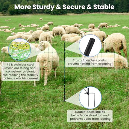 Electric Fence Netting, 42.5" H x 164'L, for Livestock, Cattle, Sheep, Goat | Electric Netting Fence, Pre-Assembled, 14 Posts Double Spiked, Portable Livestock Nets Used in Backyards, Farms and Ranches - size: 42.5" H x 164'L Livestock