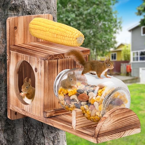 Wooden Squirrel Feeder with Glass Jar, Outdoor Chipmunk Feeder