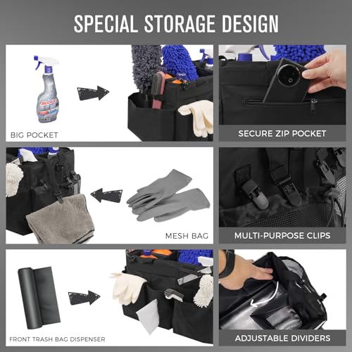 SCAVATA Wearable Cleaning Caddy Organizer with Handle & Shoulder Straps for Housekeepers, Under Sink & Car Cleaning Tool Organizer Bag with 4 Foldable Dividers (Black) - color: Black