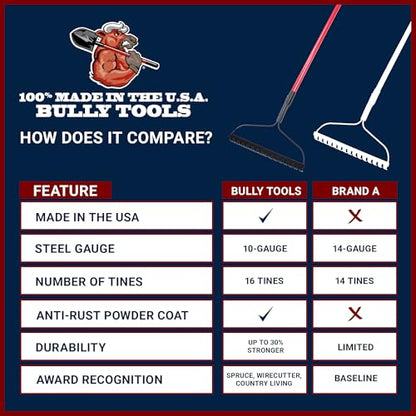 Bully Tools Bow Rake 16" Tines, Heavy Duty Steel Garden Rake for Leaves
