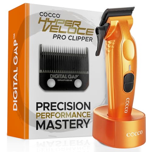 Cocco Hyper Veloce Pro High Performance Cordless Brushless Hair Clipper | Digital Gap Ambassador Graphene Taper Blade, for Professional Barbers, 7200 RPM BLDC Motor, All Metal, Charging Base - color: Orange