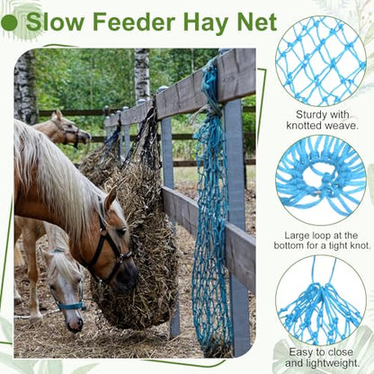Slow Feeder Hay Net, 40" Length 2" Holes Strong Load-Bearing, Nylon Slow Feed Bag Hay Feeder, (Lake Blue, 2 Pcs), Intended for Horses/Goats/Trailer/Stall - color: Lake Blue