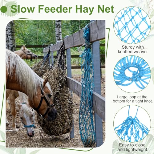Slow Feeder Hay Net, 40" Length 2" Holes Strong Load-Bearing, Nylon Slow Feed Bag Hay Feeder, (Lake Blue, 1 Pcs), Intended for Horses/Goats/Trailer/Stall - color: Lake Blue