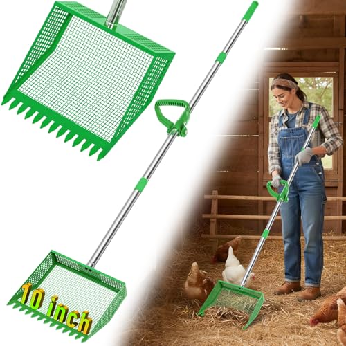 TOOGE Large Chicken Poop Scooper: 2-in-1 Metal Pooper Scooper & Rake Adjustable 62" Long Handle Stainless Steel Sand Sifting Litter Shovel Chicken Coop Scoop Cleaning Tool for Goat Yard Bright Green