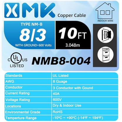 XMK 10ft NM-B 8/3 Wire with Ground,8/3 8AWG Copper Wire 8 Gauge 3 Conductor - size: 10ft, style: 8 AWG-3 Conductor w/ Ground