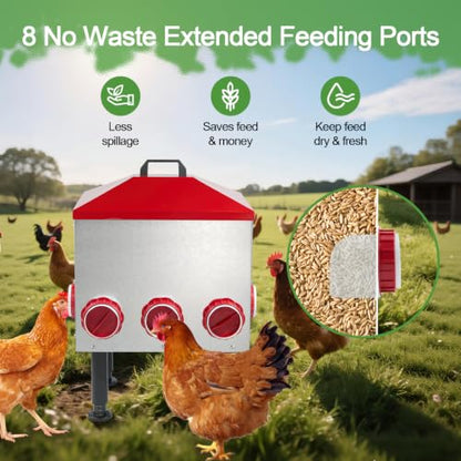 Large Automatic Chicken Feeder, 55LBS Chicken Feed Dispenser with Lid, 8 Feeding Ports, Adjustable Legs, Rodent Free, Waterproof Outdoor Metal Poultry Feeder