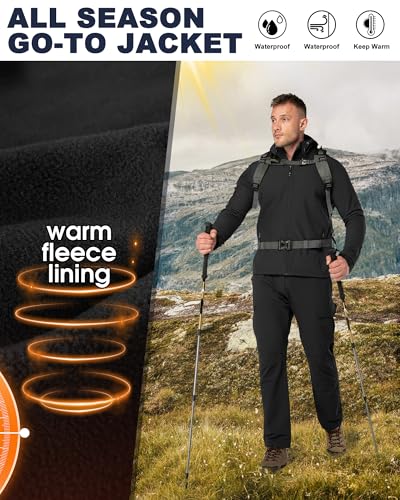 33,000ft Men's Hooded Fleece Lined Rain Shell Jacket Waterproof Lightweight - color: Black, size: Medium
