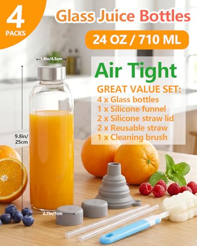 Zukro 24 oz Clear Glass Water Bottles with Stainless Steel Lids, Set of 4