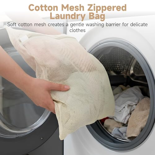 4 PCS Cotton Mesh Laundry Bags, Delicate Wash Bags with Hidden Zipper Protector, Reusable Breathable Laundry Net for Underwear Socks Pants Clothes, Travel Storage Pouches