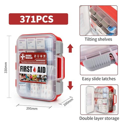 RHINO RESCUE 371pcs OSHA First Aid Kit for Home & Business | OSHA Compliant, Wall-Mount, All-Purpose 100-Person, Dual-Layer Hard Case, HSA/FSA Approved - size: 350 Piece