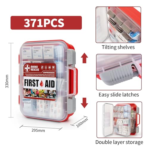 RHINO RESCUE 371pcs OSHA First Aid Kit for Home & Business - size: 350 Piece