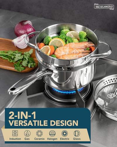 MICHELANGELO 18/10 Stainless Steel Saucepan Set with Steamer, 1QT & 2QT - size: 1+2QT