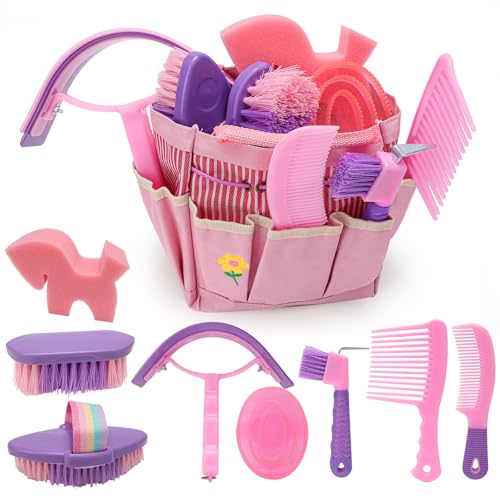9PCS Horse Grooming Brushes Kit with Tote Bag,Tools for Care Massage Groom | Horse Brushes with Bag,Tack Brush Set, Professional Tools for Grooming Cleaning, Gift for Horse Riders Beginners,Pink - color: Pink