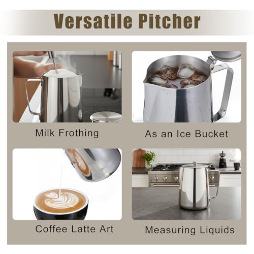 32 oz 304 Stainless Steel Pitcher with Lid, 1 L Large Metal Measuring Cup with Handle, Large Mouth Graduated Beakers, Milk Frothing Jug for Latte Art, Espresso Machines, Tea - size: 33.8 Ounces