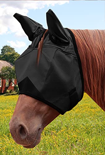 ECP Equine Comfort Products Horse Fly Mask with Ears, UV Protection, Bug Shield, Adjustable Strap, Breathable Micro Mesh, Reinforced Eye Darts, Lightweight Fit, Black - color: Black