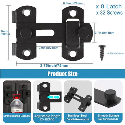 Acrux7 8 Pack Barn Door Latch Lock 2.75”x2” Black Stainless Steel Flip Door Latches Hardware Sliding Cabinet Barn Door Latch Antique Lock Gate Latches Wine Cabinet Closet Door Latches (Matte Black)