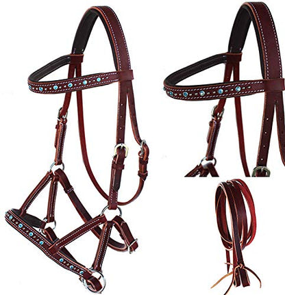 Horse Western Leather Beaded Bitless Sidepull Bridle Reins Rhinestone - color: Mahogany/Turquoise