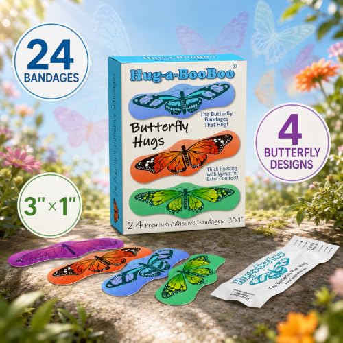 Butterfly Hugs - Premium Adhesive Butterfly Bandages from Hug-a-BooBoo, The Amazing Butterfly Bandages that Hug! Pretty Colorful Butterfies 24 Count Box - size: 24ct, style: Butterfly Hugs