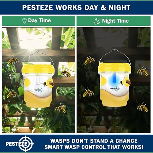 PESTEZE USA 2 Pack Reusable Solar Hanging Wasp Trap with LED Light [Yellow, 3.5×4.4 in] Attracts & Kills Wasps, Hornets, Yellow Jackets & Flying Insects Safely, Chemical-Free, Waterproof Outdoor Trap