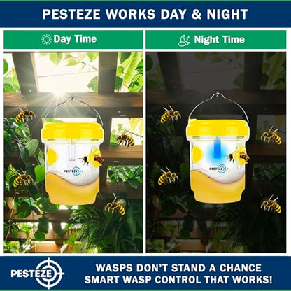 PESTEZE USA 2 Pack Reusable Solar Hanging Wasp Trap with LED Light [Yellow, 3.5×4.4 in] Attracts & Kills Wasps, Hornets, Yellow Jackets & Flying Insects Safely, Chemical-Free, Waterproof Outdoor Trap
