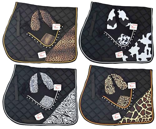 Cow Print Saddle Pad Set with Matching Ear Bonnet – Animal Print Horse Riding Gear – Non-Slip & Breathable – Western/English Show - size: Cob