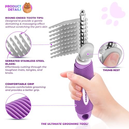 GENPEPADO Dematting Undercoat Rake Comb for Dogs & Cats with Long 2.5-In Stainless Steel Safety Blades for Removing Knots, Mats & Tangles - Pet Grooming Deshedding Brush Tool with Anti-Slip Grip