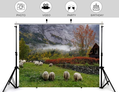 4x4ft Autumn Mountain Sheep Pasture Backdrop White Wool Sheep Red Maple Tree Mist Cliff Wooden Cabin Background Tapestry Party Nordic Farm Scenery Decorations Photo Booth Props - size: 4x4ft