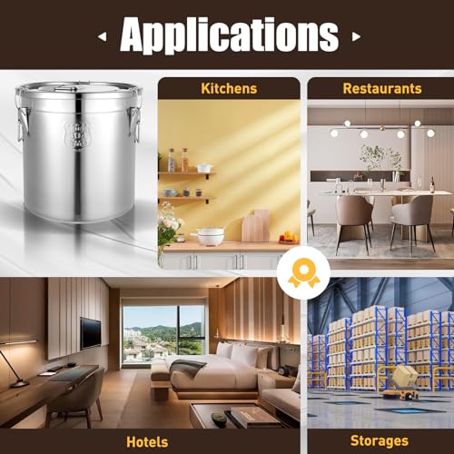 304 Stainless Steel Airtight Container 33L Large Metal Storage Bucket with Lid, Rice Dispenser 50 Lbs Capacity Dog Food Storage Container 60 Pound Leak-Proof Milk Can for Kitchen Pantry & Pet Food