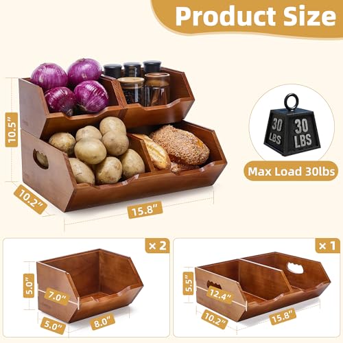 HYPIGO Large Capacity Potato and Onion Storage Bins | Stackable Wood Pantry Storage Baskets, Kitchen Pantry Organizers for Vegetables, Bread, Spices, Set of 3