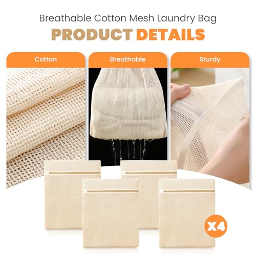 ABRRLO 4Pcs Cotton Mesh Laundry Bags for Delicates,Breathable Mesh Garment Bag for Washing Machine,Travel Wash Bags with Zipper for Bras,Underwear,Socks,Baby Clothes,Laundry Dorm Room Essentials(M) - size: Medium