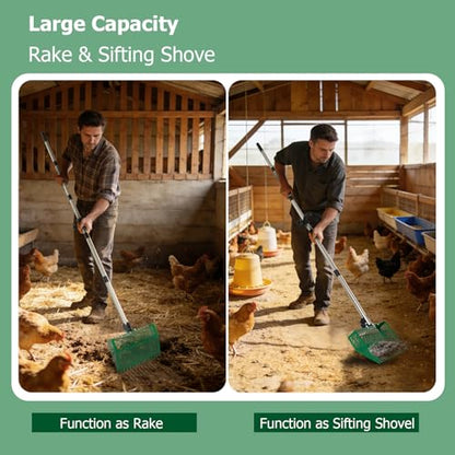 2-in-1 Metal Chicken Coop Pooper Scooper&Rake with 175CM Adjustable Handle | 12inch Green Chicken Litter Scoop for Coop Sand & Pet Farm Animal Waste, Durable Litter Sifting Shovel with Detachable Handle