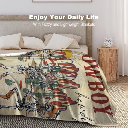 Cowboy Throw Blanket, Western Retro Wild Desert Funny Halloween Skeleton Howdy Rustic West Skull Fleece Fuzzy Fannel Blankets for Sofa Bed Chair Couch Bedroon Living Room Gifts, 30"x40" Inch - color: Cowboy-03, size: 30x40 inch