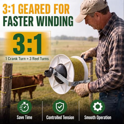 3:1 Geared Electric Fence Reel, Winding Handle, Holds 1640' Polywire - size: 0 ft X 1 Standard Reel X 1 Guide X 1 Handle