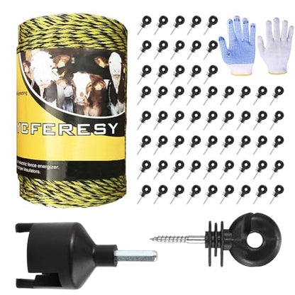 Upgraded Electric Fence Poly Wire 656 Feet 200 Meters and 50 Pcs Black Electric Fence Insulator Screw-in Insulator Fence Ring Wood Post with 1 Pcs Insulator Socket Tool - size: 656 Feet Wire/50 Insulator