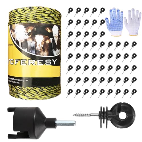 Upgraded Electric Fence Poly Wire 656 Feet 200 Meters and 50 Pcs Black Electric Fence Insulator Screw-in Insulator Fence Ring Wood Post with 1 Pcs Insulator Socket Tool - size: 656 Feet Wire/50 Insulator