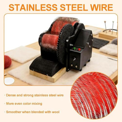 Electric Wool Carder, Adjustable Forward and Reverse Speed,Wool Fiber Drum Carding Machine with Brush & Awl, Foot Pedal, Quickly Remove Fiber Impurities, for Color Mixing Carding