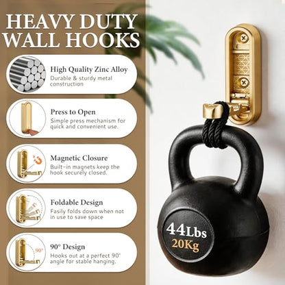 Folding Wall Hooks, 2 Pack Gold Heavy Duty Coat Hooks, Screw Mounted - color: Gold, size: 2 Pack