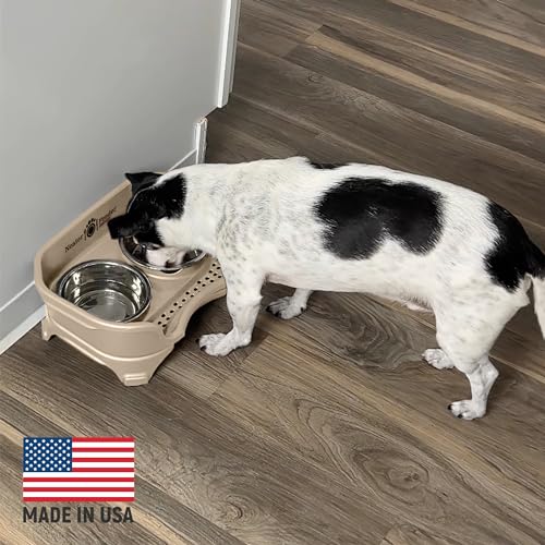 Neater Feeder Express Mess Proof Dog Bowls Elevated for Small Breed – Made in USA – No Spill Raised Slow Feeder Elevated Dog Bowl Stand, Stainless Steel Food and Water Bowl Set, Almond - color: Almond, size: Small w/ Metal Slow Feed Bowl