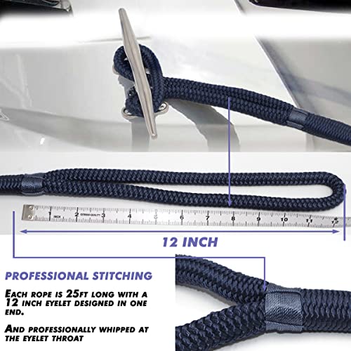 2 Pack Premium Navy Blue Dock Lines - 15' / 25'/35' with Eyelet.Double Braided Nylon Dock Line/ - size: 1/2" x 25 FT