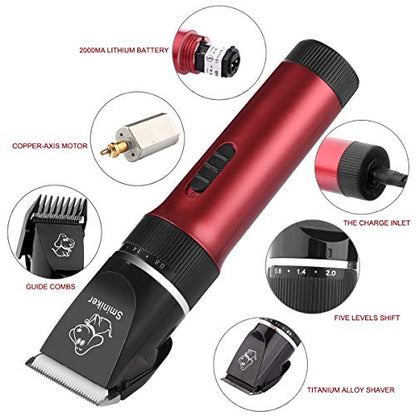 Sminiker Low Noise Horses Clippers Rechargeable Cordless Pet Clippers Grooming Kit with Storage Bag 5 Speed Professional Animal Clippers Pet Grooming Kit