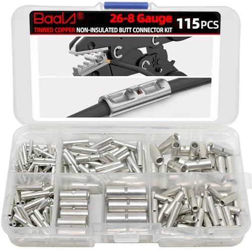 BAALA 115 PCS Non Insulated Butt Connectors Kit,26-8 Gauge Butt Splice Connector Uninsulated Wire Splice Connectors, Tinned Copper Marine Grade Seamless Barrel Crimping Butt Terminals - color: Tinned Copper
