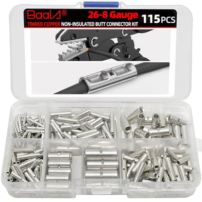 BAALA 115 PCS Non Insulated Butt Connectors Kit,26-8 Gauge Butt Splice Connector Uninsulated Wire Splice Connectors, Tinned Copper Marine Grade Seamless Barrel Crimping Butt Terminals - color: Tinned Copper