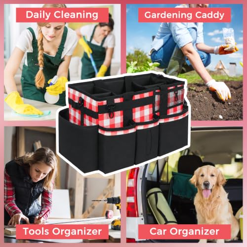 SCAVATA Wearable Cleaning Caddy, Cleaning Caddy Supplies Organizer with Handle & Shoulder Straps for Housekeepers, Under Sink & Car Cleaning Tool Organizers Bag with 4 Foldable Divider (RedPlaid) - color: RedPlaid