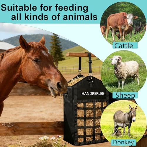Hay Bags for Horses, 2PCS Slow Feed Hay Bags for Goats, Sheep, Donkey, Two-Sided Premium Oxford Hay Feed Bags and High Strength Metal Clasp, Easy to Hang with Adjustable Strap(Black, Large 2 Pack) - size: 2PCS