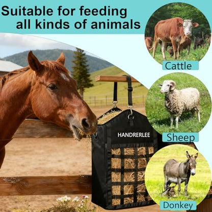 Hay Bags for Horses, 2PCS Slow Feed Hay Bags for Goats, Sheep, Donkey, Two-Sided Premium Oxford Hay Feed Bags and High Strength Metal Clasp, Easy to Hang with Adjustable Strap(Black, Large 2 Pack) - size: 2PCS