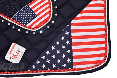 USA Flag Horse Saddle Pad Set with Matching Fly Bonnet – All Purpose English Saddle Pad, Patriotic Horse Gear, 4th of July Equestrian Outfit, Jumping & Training Tack - size: PONY