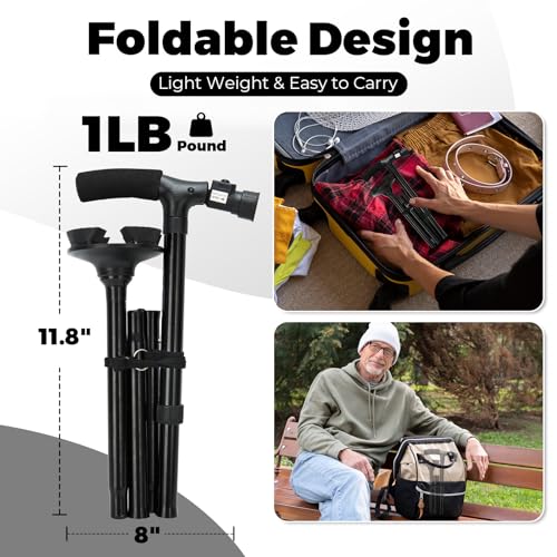 Ohuhu Walking Cane with LED Light, Folding Adjustable Free Standing Cane - style: 1 pack